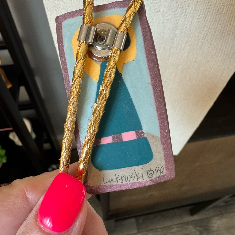 Vintage Artisan Painted Clay Bolo Tie Necklace - Picture 9 of 9